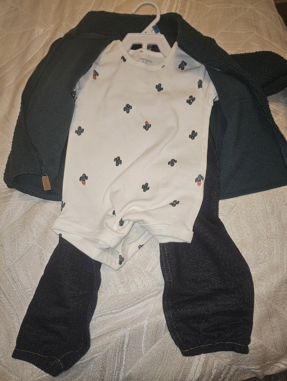 Carter's White Cactus Print Onesie with Dark Green Jacket and Navy Pants